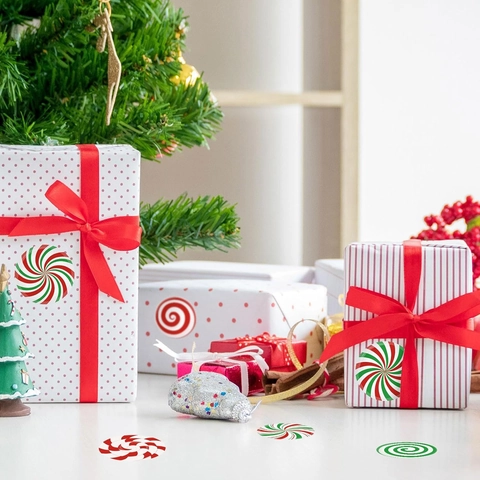 Weihnachten Pfefferminz Süßigkeiten Runde Aufkleber Rolle Rot Grün Spiralmuster Dekore Für Feiertag Geschenk Verpackung