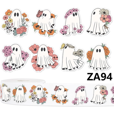 Rotolo di Adesivi Fantasma di Halloween a Fiori Etichette Sigillanti per Sacchetti Regalo da Forno Decorazione per Feste