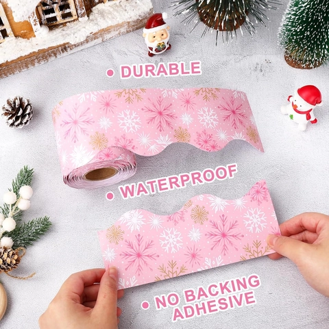 Bordura per Bacheca di Natale Rosa Oro Fiocco di Neve Bordo a Festone per Aula Decorazione Invernale Rotolo di Adesivi Autoadesivi