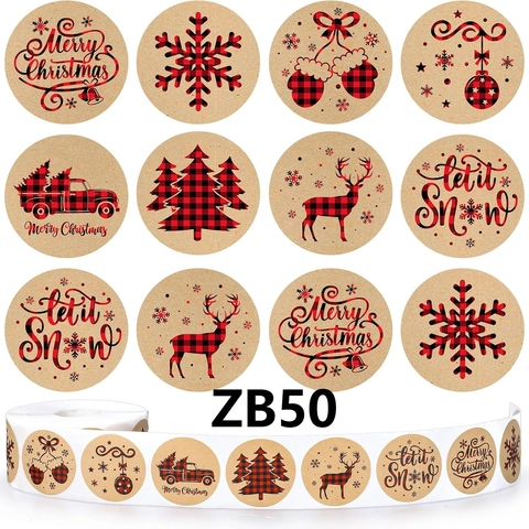 Carreaux Buffalo Noël Autocollants Joyeux Noël Papier Kraft Étiquettes Rondes Pour Emballage Cadeau Fête Rouleau