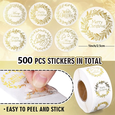 Merry Christmas Stickers Gold Foil Wreath Seal Labels Self Adhesive Tags For Envelopes Gift Cards Holiday Decor