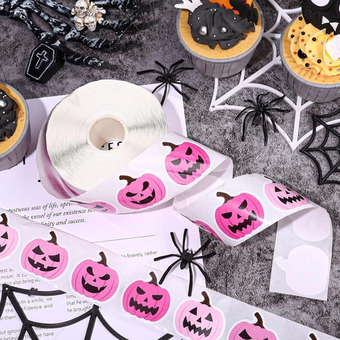 Roze Halloween Pompoen Gezicht Stickers Rol Schattige Jack-O-Lantern Zelfklevende Decals Voor Feestjes Cadeau Verpakking Decor