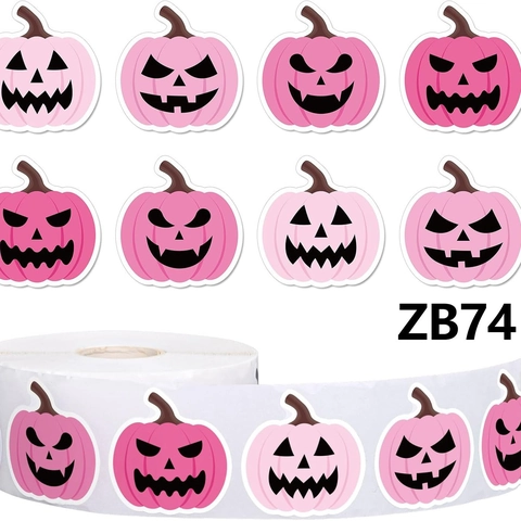 Roze Halloween Pompoen Gezicht Stickers Rol Schattige Jack-O-Lantern Zelfklevende Decals Voor Feestjes Cadeau Verpakking Decor