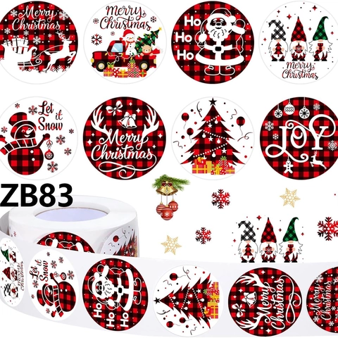 Merry Christmas Stickers Roll Round Santa Claus Reindeer Buffalo Plaid Adhesive Labels For Holiday Gift Envelope Seal Decor