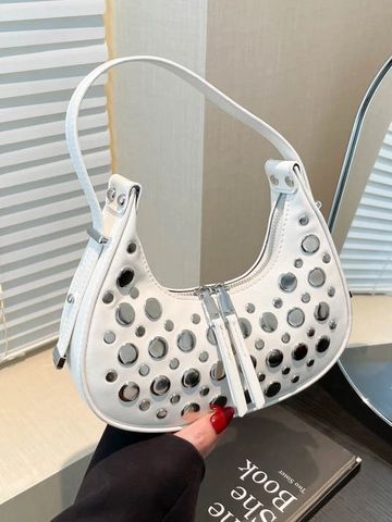 Women PU Leather Rivet Studded Hobo Bag Retro Punk Half Moon Underarm Shoulder Bag Double Zipper Crescent Tote Handbag