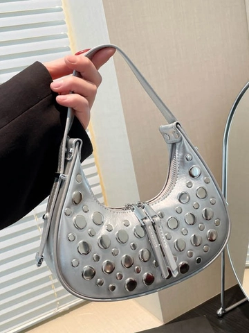 Women PU Leather Rivet Studded Hobo Bag Retro Punk Half Moon Underarm Shoulder Bag Double Zipper Crescent Tote Handbag