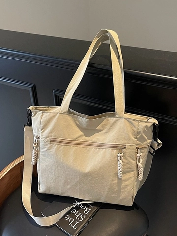 Large Capacity Nylon Tote Bag For Women Minimalist Solid Color Commuter Shoulder Bag With Adjustable Strap And Woven Zipper Pull