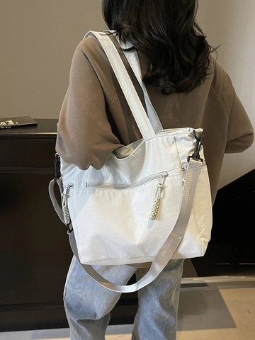 Large Capacity Nylon Tote Bag For Women Minimalist Solid Color Commuter Shoulder Bag With Adjustable Strap And Woven Zipper Pull