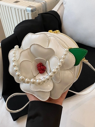 Sweet 3D Flower Shaped Crossbody Bag For Women PU Leather Camellia Round Handbag With Artificial Pearl Handle Chain Purse