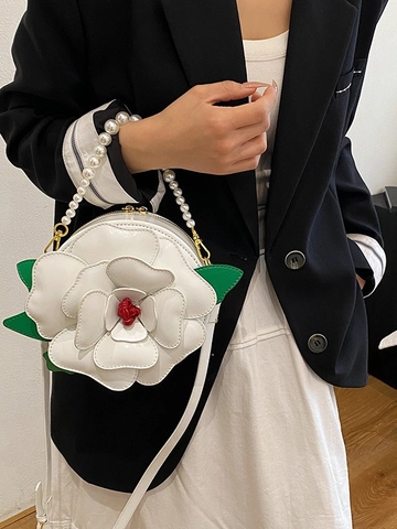 Sweet 3D Flower Shaped Crossbody Bag For Women PU Leather Camellia Round Handbag With Artificial Pearl Handle Chain Purse
