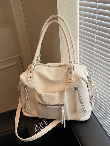 Sac Fourre-Tout Vintage en Cuir PU Grande Capacité Pour Femmes Texture Litchi Sac à Bandoulière Navette Avec Multi Poches Zippées Sac à Main