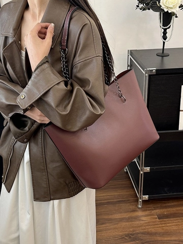 Borsa Totale da Donna Vintage Retrò Minimalista in Pelle PU Grande Capacità Borsa a Tracolla Con Catena Moda Pendolarismo