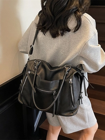 Sac Fourre-Tout Vintage en Cuir PU Grande Capacité Pour Femmes Texture Litchi Sac à Bandoulière Navette Avec Multi Poches Zippées Sac à Main