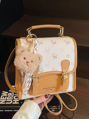 Damen Vintage PU Leder Mini Rucksack Mit Hirsch Print Und Bär Anhänger Multifunktions Verstellbarem Riemen Pendeltasche