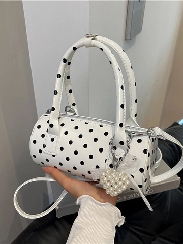 Borsa a Barile a Pois da Donna in Pelle PU Borsa a Mano Borsa a Tracolla di Moda Con Ciondolo a Cuore in Perla Artificiale e Pizzo