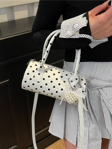 Borsa a Barile a Pois da Donna in Pelle PU Borsa a Mano Borsa a Tracolla di Moda Con Ciondolo a Cuore in Perla Artificiale e Pizzo