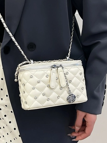 Women Quilted Diamond Rhinestone Vanity Case Crossbody Bag Chain Strap Mini Box Shoulder Bag With Camellia Pendant