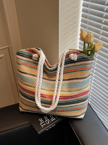Large Capacity Straw Woven Tote Bag For Women Rainbow Striped Beach Travel Shoulder Bag With Cotton Rope Handle Casual Handbag
