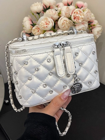 Women Quilted Diamond Rhinestone Vanity Case Crossbody Bag Chain Strap Mini Box Shoulder Bag With Camellia Pendant