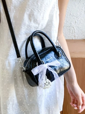 Women PU Leather Crinkled Bowling Handbag Korean Style Crossbody Bag With Lace Bow Pearl Charm Daily Versatile Fashion Tote