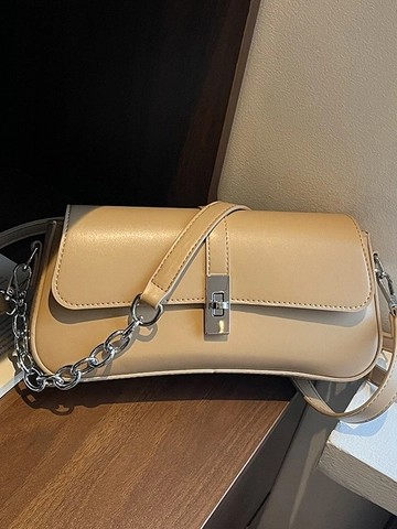 Women Retro PU Leather Baguette Bag Simple Underarm Shoulder Bag Silver Metal Chain Lock Small Square Crossbody Bag