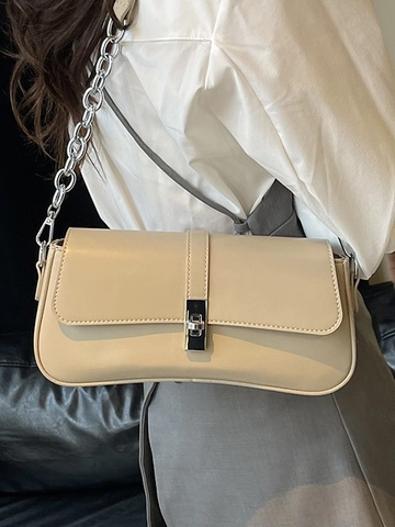 Women Retro PU Leather Baguette Bag Simple Underarm Shoulder Bag Silver Metal Chain Lock Small Square Crossbody Bag