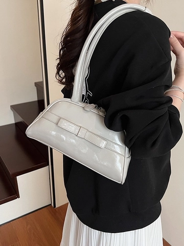 Borsa a Tracolla da Donna con Fiocco in Pelle PU Stile Vintage Bowling Doppia Impugnatura Borsa a Mano Minimalista per Pendolari