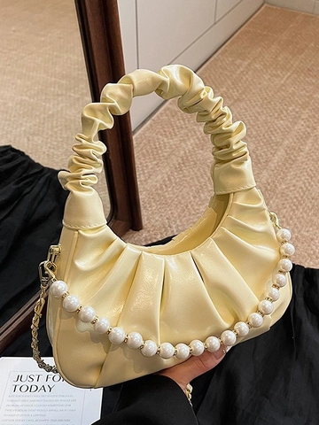 Bolso de Nube Fruncido de Moda para Mujer Cuero PU Forma de Empanadilla Bolso Bandolera Con Cadena de Perlas Color Sólido