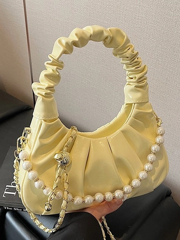 Bolso de Nube Fruncido de Moda para Mujer Cuero PU Forma de Empanadilla Bolso Bandolera Con Cadena de Perlas Color Sólido