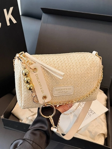 Mode Stroh Gewebt Zylinder Umhängetasche Metallkette Casual Sommer Strand Schultertasche Kleine Handtasche für Damen