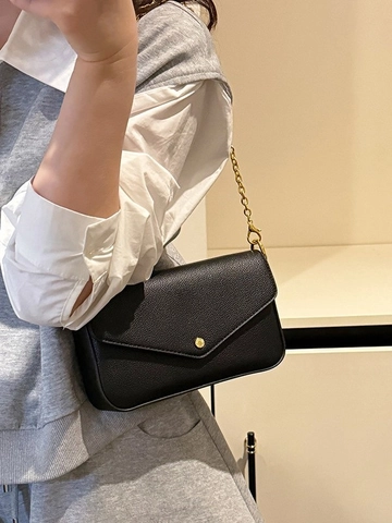 Damen Mode PU Leder Umschlag Umhängetasche Mit Litschi Korn Ketten Dekoration Minimalistische Schultertasche Magnetverschluss Kleine Quadratische Tasche