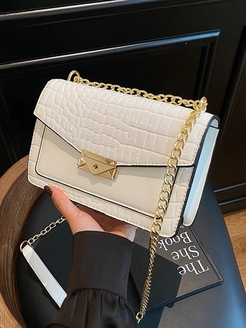 Sac Carré Petit Motif Crocodile Rétro Pour Femmes Cuir PU Chaîne Dorée Sac Bandoulière Sac Enveloppe Fermoir Métallique Main