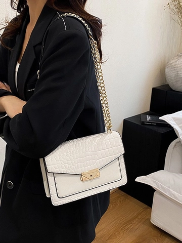 Sac Carré Petit Motif Crocodile Rétro Pour Femmes Cuir PU Chaîne Dorée Sac Bandoulière Sac Enveloppe Fermoir Métallique Main