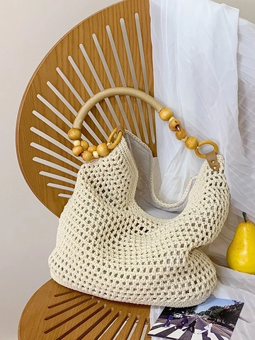 Damen Schultertasche Gewebt Große Kapazität Ausgehöhlt Häkeln Strohtasche Mit Holzperlenriemen Für Strandurlaub Alltag