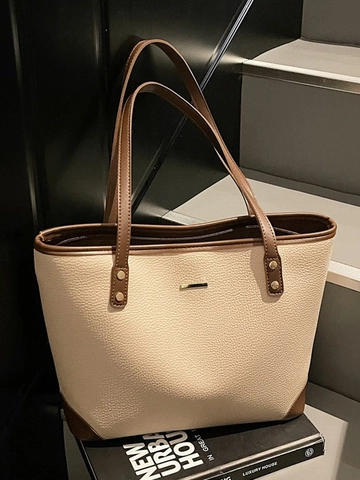 Damen Große Kapazität PU Leder Tragetasche Mode Kontrastfarbe Lychee Muster Schultertasche Für Pendeln Minimalistische Stilvolle Handtasche