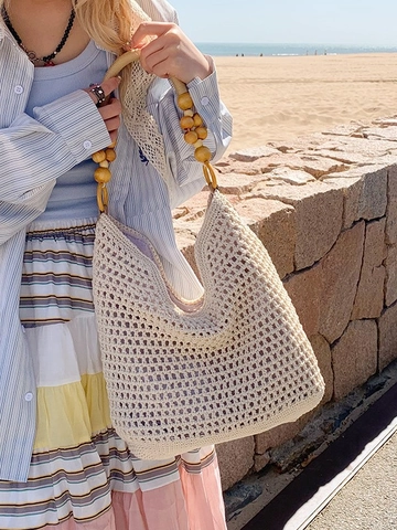 Damen Schultertasche Gewebt Große Kapazität Ausgehöhlt Häkeln Strohtasche Mit Holzperlenriemen Für Strandurlaub Alltag