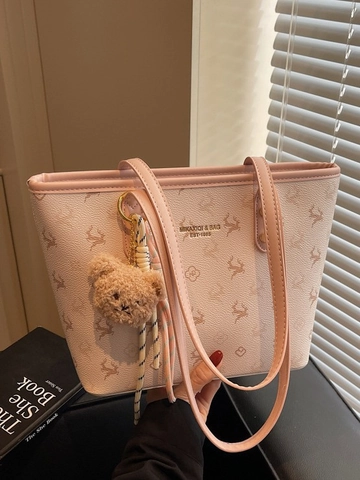 Women Large Capacity PU Leather Tote Bag Printed Deer Monogram Shoulder Bag Casual Commuting Handbag With Plush Bear Pendant