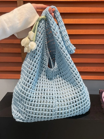 Women Handmade Cotton Crochet Woven Tote Bag With Tulip Flower Charm Hollow Mesh Shoulder Bag For Summer Beach Vacation Casual Handbag