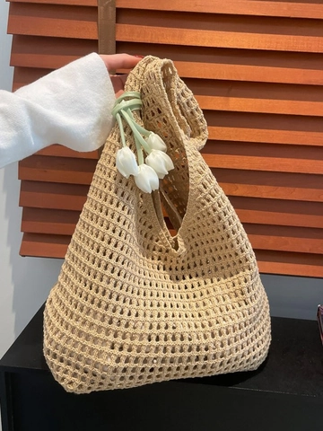 Women Handmade Cotton Crochet Woven Tote Bag With Tulip Flower Charm Hollow Mesh Shoulder Bag For Summer Beach Vacation Casual Handbag