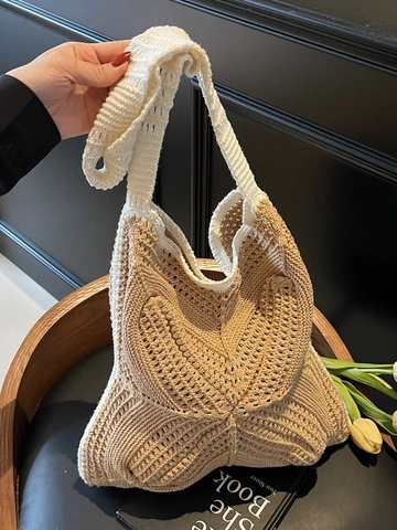 Handcrafted Knitted Tote Bag Large Capacity Crochet Shoulder Bag Hollow Out Contrast Color Beach Vacation Women Handbag