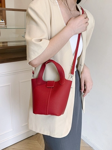 Women Litchi Pattern PU Leather Bucket Bag And Pouch Combination Modern Minimalist Solid Color Crossbody Handbag Daily Tote