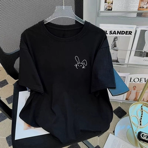 T-Shirt Femme en Coton Décontracté Manches Courtes Imprimé Graphique Lapin Col Rond Été Haut Pull