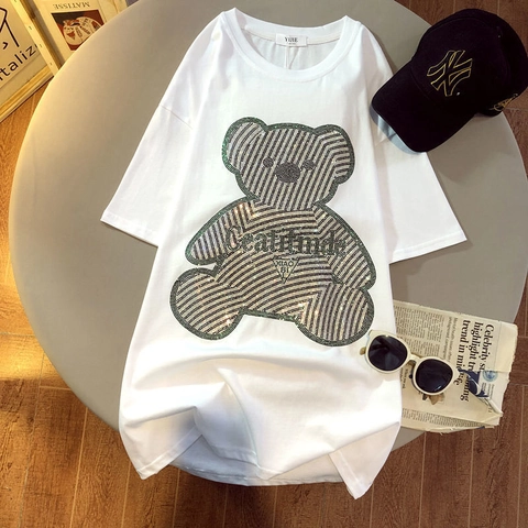Maglietta in Cotone Taglie Forti da Donna Larga Media Lunghezza con Orso in Strass T-Shirt Estiva Girocollo Casual