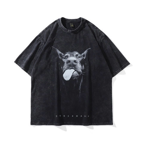Vintage Acid Wash Cotton T-Shirt Women Loose Fit Doberman Dog Printed Graphic Short Sleeve Pullover Streetwear Top