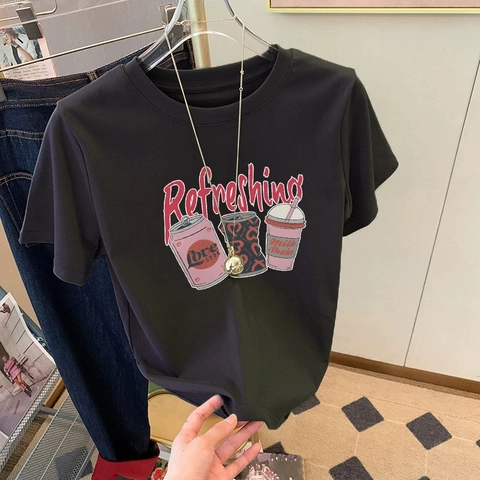 Dames Casual Katoenen T-Shirt Ruime Pasvorm Ronde Hals Korte Mouw Top Met Refreshing Soda Cartoon Grafische Print