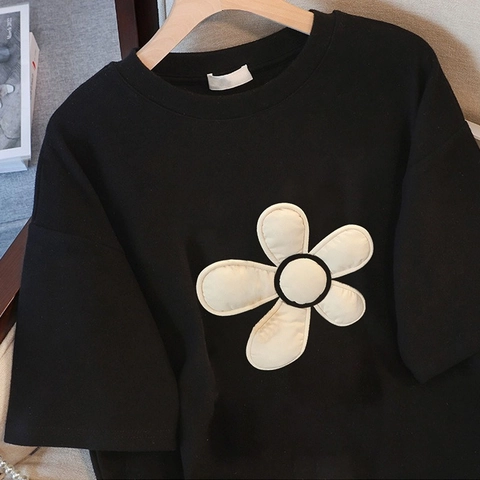 Camiseta de Algodón para Mujer con Parche de Flor 3D Manga Corta Cuello Redondo Casual Holgada Color Sólido Negro Top