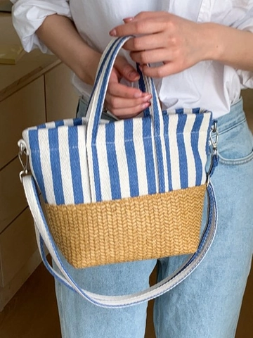 Damen Gestreifte Segeltuch Gespleißte Stroh Eimertasche Mit Verstellbarem Schultergurt Sommer Urlaub Picknick Handtasche Strandtasche