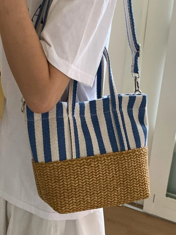 Damen Gestreifte Segeltuch Gespleißte Stroh Eimertasche Mit Verstellbarem Schultergurt Sommer Urlaub Picknick Handtasche Strandtasche