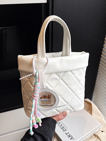 Damen Gesteppte PU Leder Beuteltasche Rautenmuster Crossbody Umhängetasche Mit Tieranhänger Elegante Urbane Pendler Handtasche