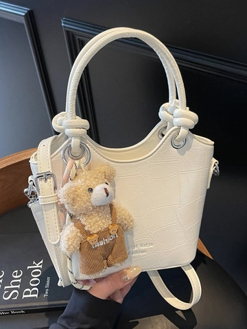 Women Crocodile Embossed PU Leather Bucket Bag Large Capacity Crossbody Handheld Shoulder Bag With Teddy Bear Charm Fashion